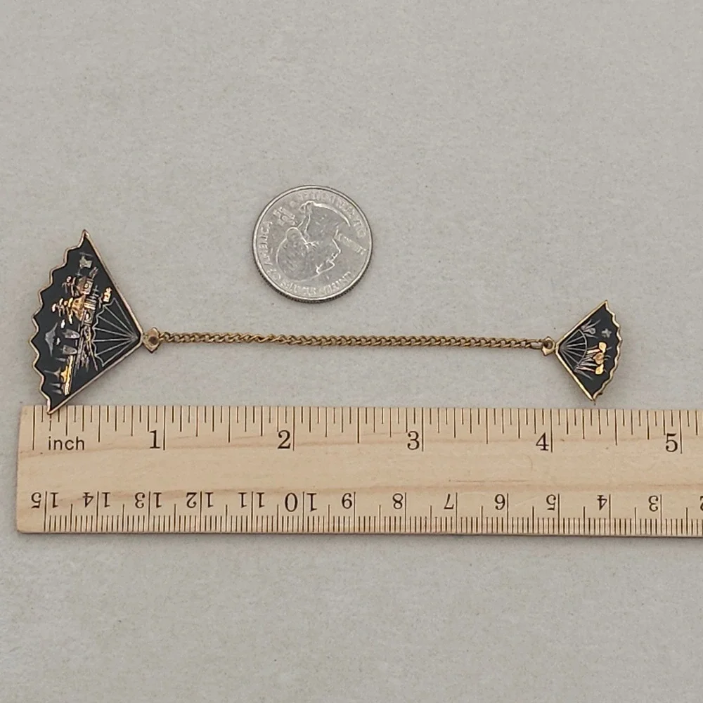 Vintage Japanese Damascene Fan Brooches Sweater Guard K24 Inlay Landscape Japan